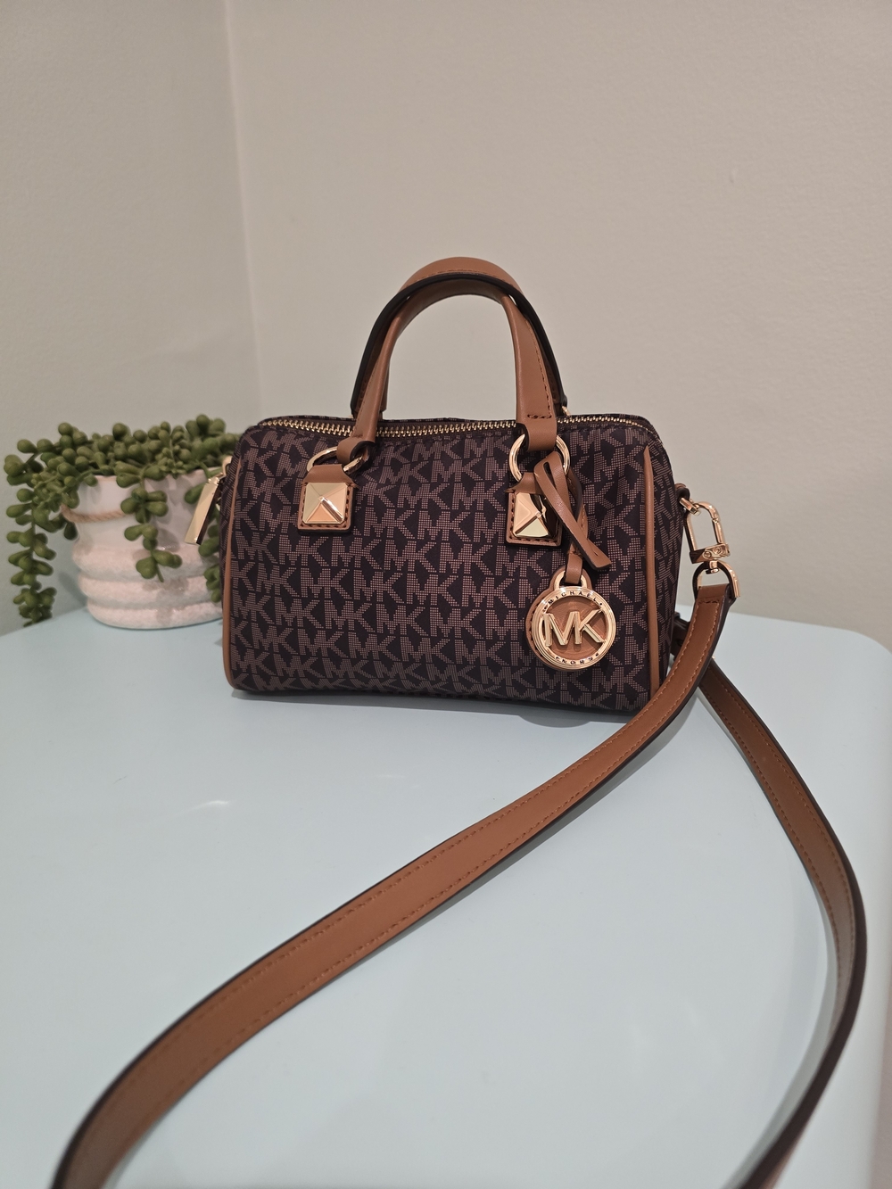 Michael Kors Brown Logo Crossbody with Tan Trim and Gold Hardware